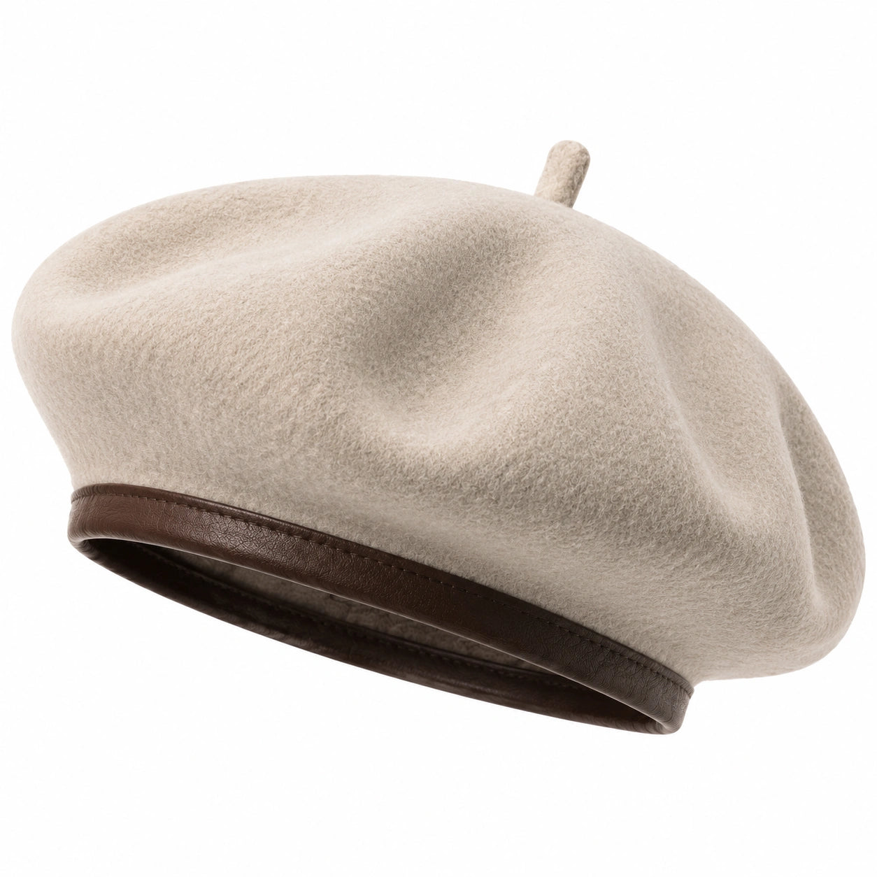 Béret taille unique en tissu effet feutre beige avec bordure marron style classique