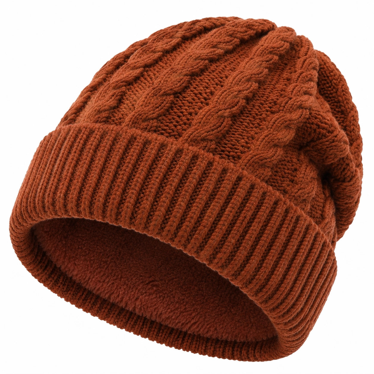 Bonnet en maille torsadée marron taille unique doublé polaire style hiver