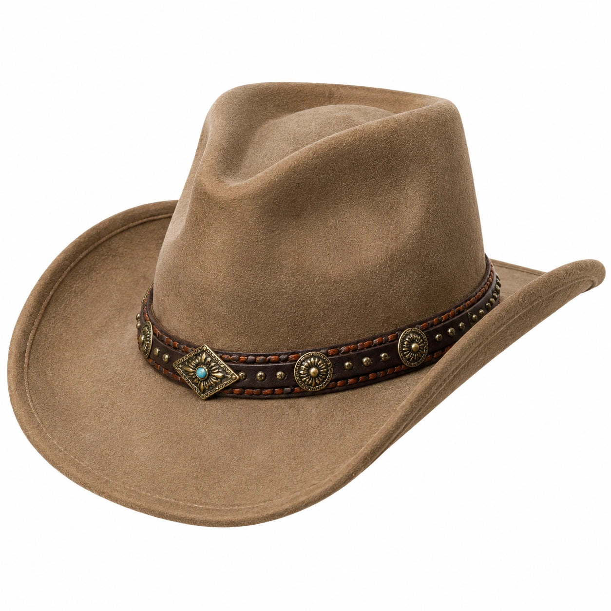 Chapeau cowboy taille unique aspect suédine marron style western à clous
